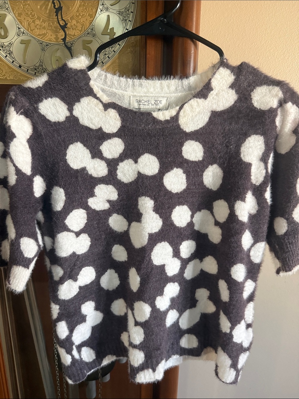 Rachel Zoe Charcoal and White Fuzzy Polka Dot Crewneck Sweater